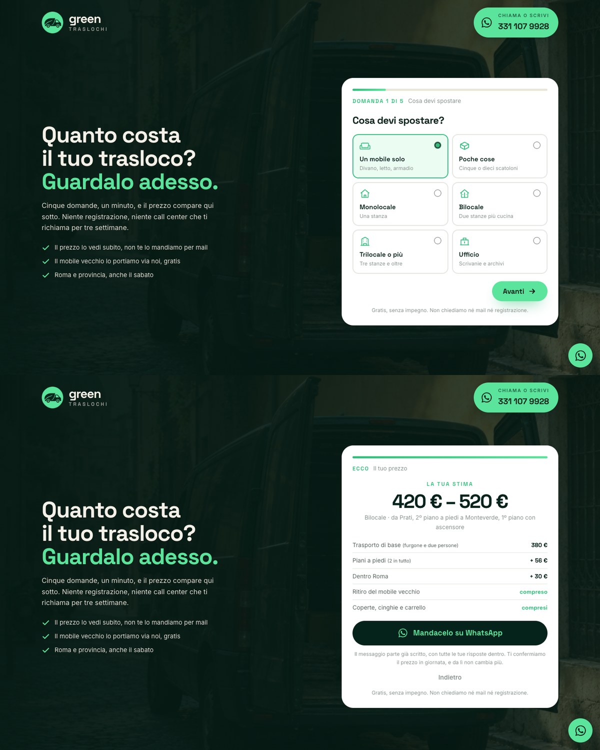 Site de Green Traslochi, déménagements à Rome, avec son calculateur de prix