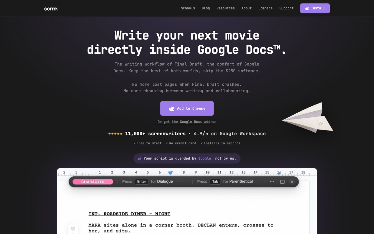 Site de Screenplay Editor, logiciel d'écriture de scénarios